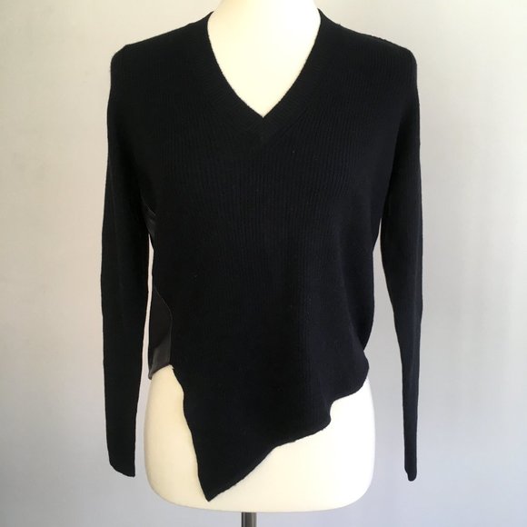 Revolve Soyer Black Leather Wool V Neck Asymmetrical Ribbed Crop Sweater Small - Picture 6 of 14
